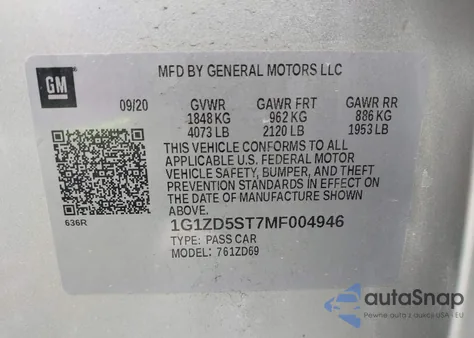 2021 Chevrolet Malibu Fwd Lt z USA, uszkodzony, nr VIN 1G1ZD5ST7MF004946